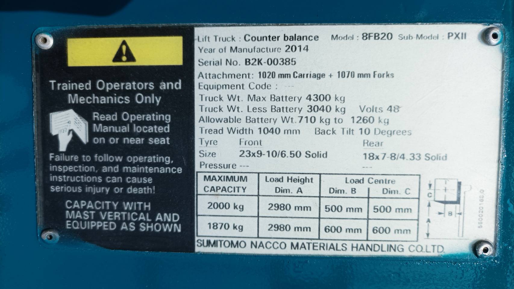 SUMITOMO FORKLIFT COUNTER 8FB20PXII-VF300, ELECTRIC, 2.0