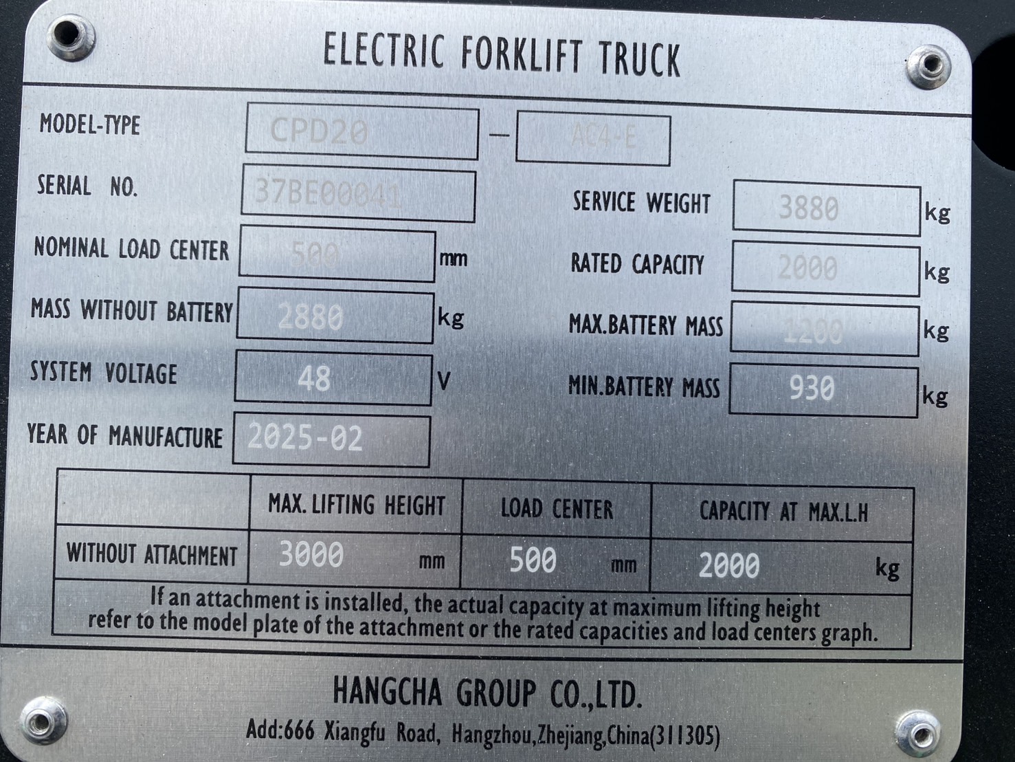 HANGCHA FORKLIFT COUNTER CPD20-AC4-E-M300, ELECTRIC, 2.0