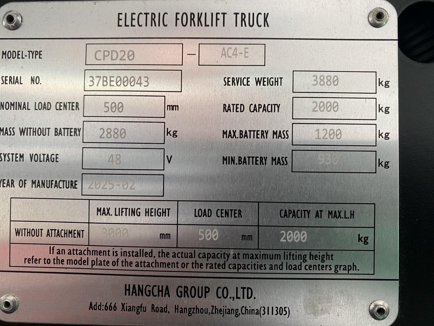 HANGCHA FORKLIFT COUNTER CPD20-AC4-E-M300, ELECTRIC, 2.0