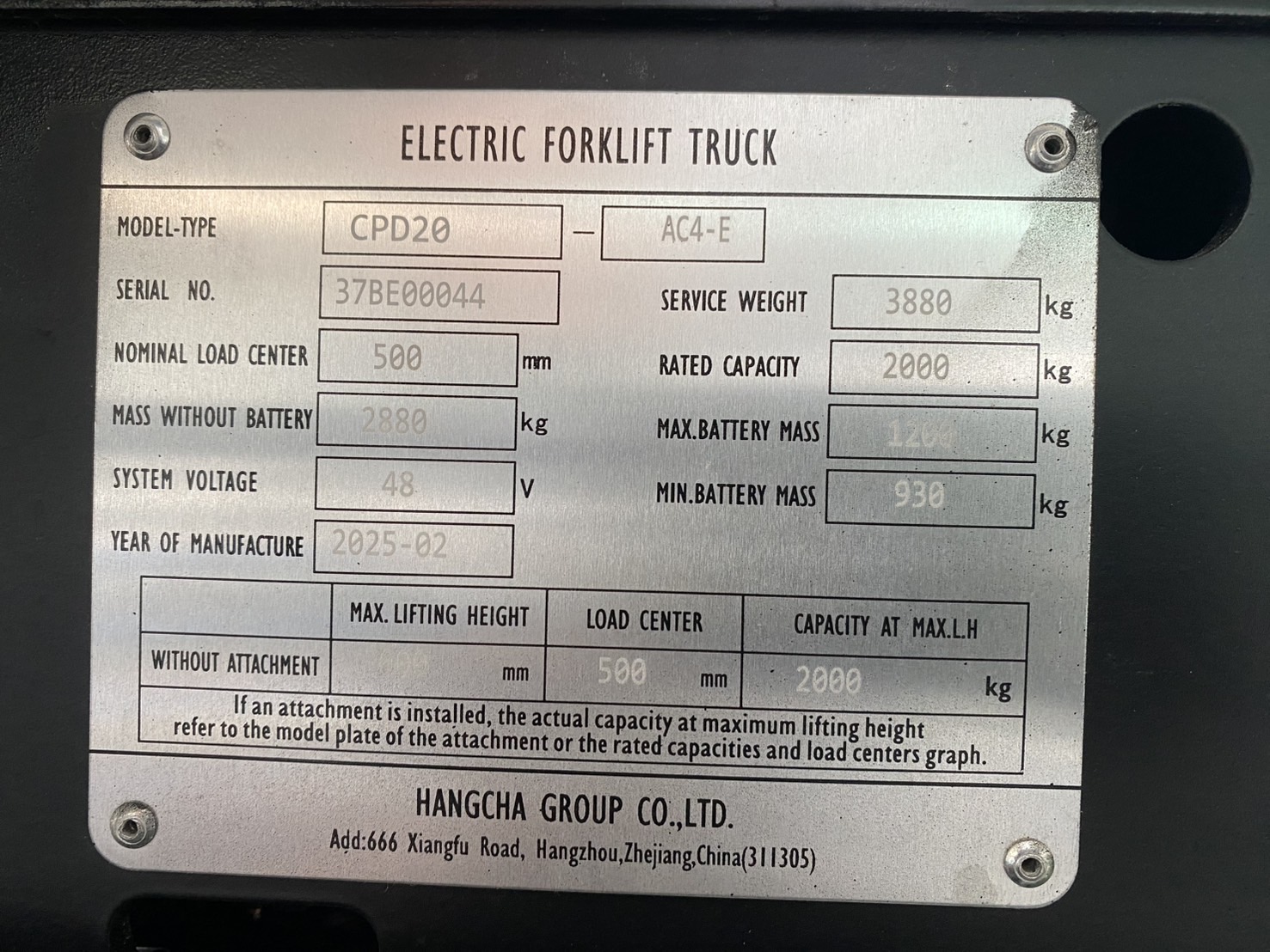 HANGCHA FORKLIFT COUNTER CPD20-AC4-E-M300, ELECTRIC, 2.0