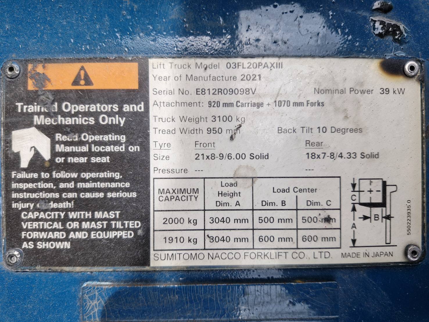 SUMITOMO FORKLIFT COUNTER 03FL20PAXIII-ALE-V300, LPG, 2.0