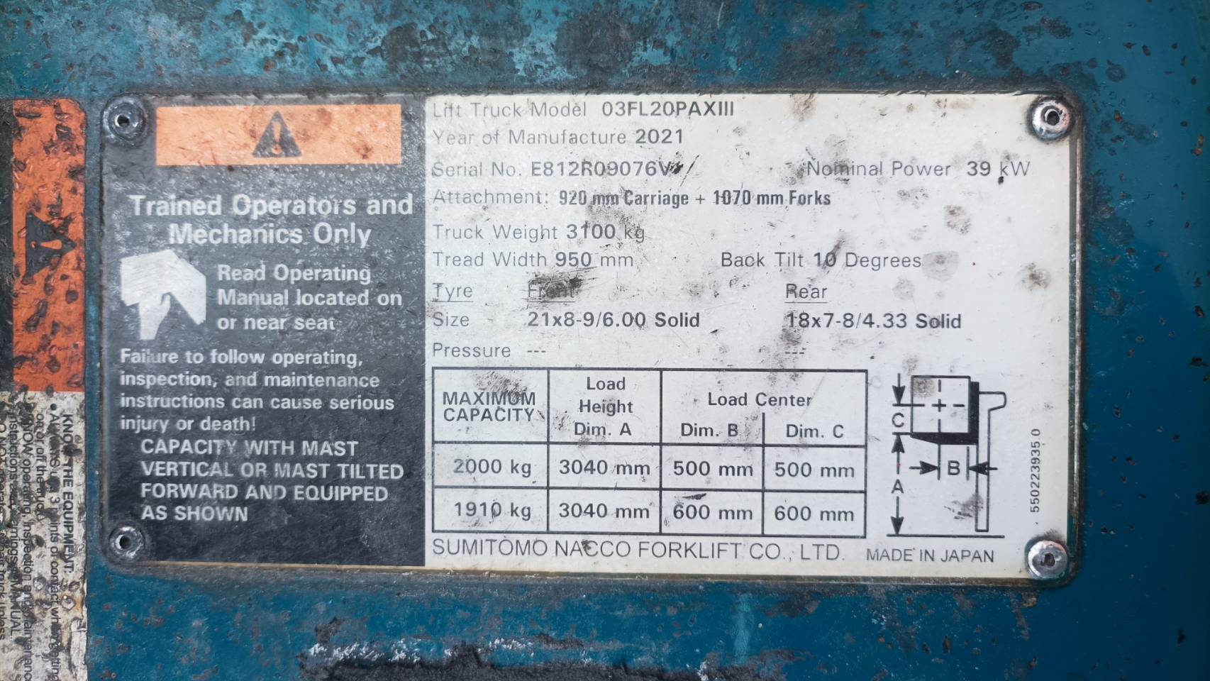 SUMITOMO FORKLIFT COUNTER 03FL20PAXIII-ALE-V300, LPG, 2.0